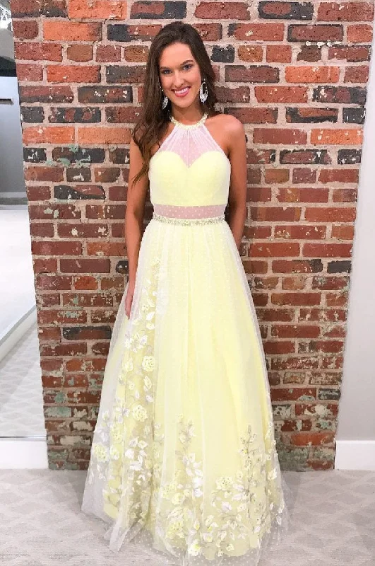 Princess Tulle A Line Appliques Long Prom Dress Party Dress DMK98 Crew Neckline Sporty