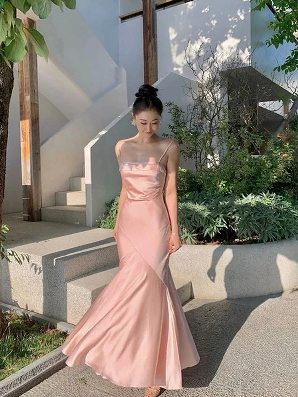 Pink Soft Satin Spaghetti Straps Mermaid Long Prom Dress, Pink Satin Party Dress Tunics Fall fleece