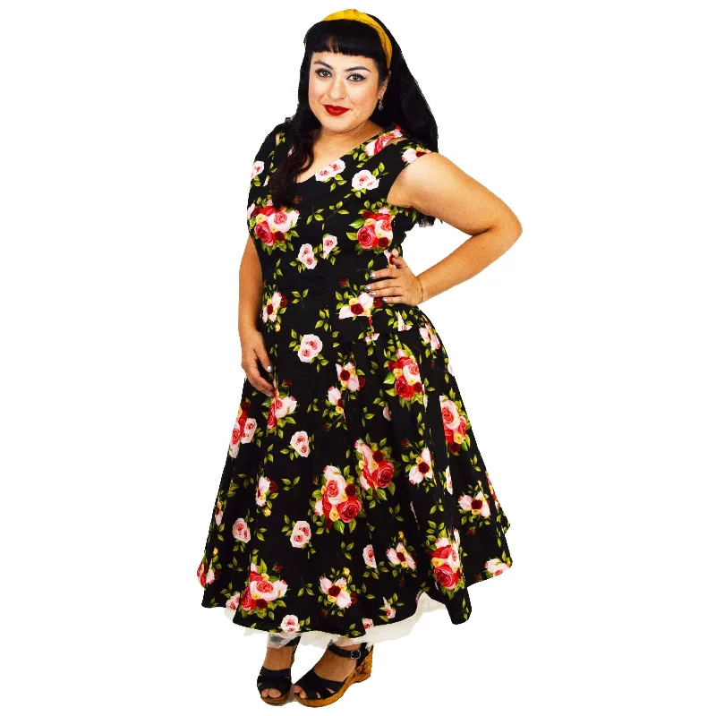 Betty Drop-Waist Floral Swing Dress in Black Tunics Chic fashionable