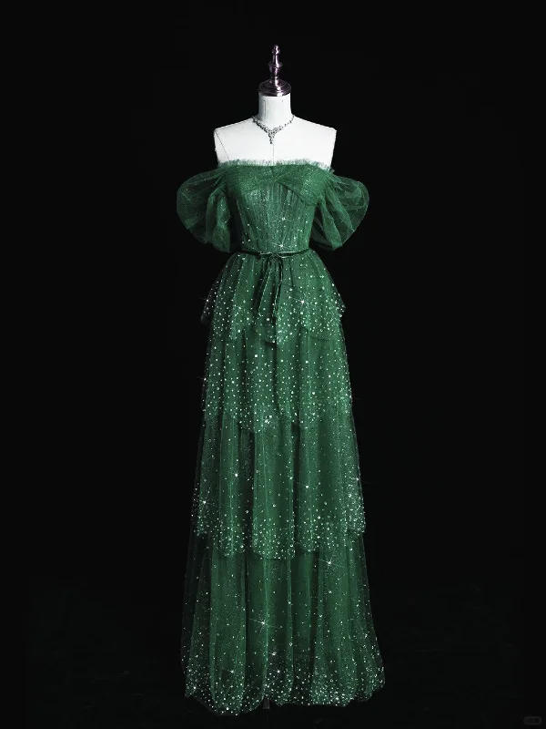 A-line Green Layers Beaded Off Shoulder Prom Dress, Green Tulle Shiny Party Dress Tunics Spring floral