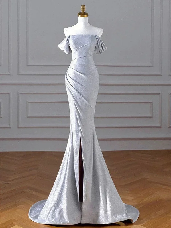 Charming Sliver Mermaid Party Dress, Sliver Off Shoulder Long Prom Dress with Leg Slit Tunics Practical durable