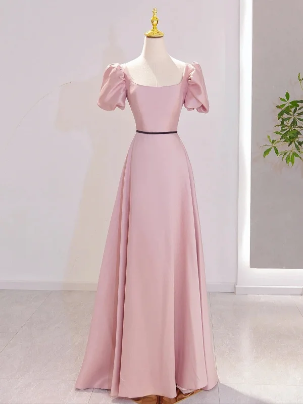 Pink Satin Short Sleeves A-line Party Dress, Pink Satin Prom Dress A-Line Day Work