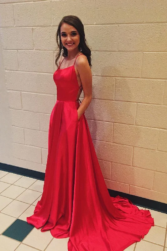Red Spaghetti Strap Prom Dress with Pockets Sexy Long Split Party Dresses DMJ87 Cowl Neckline Elegant