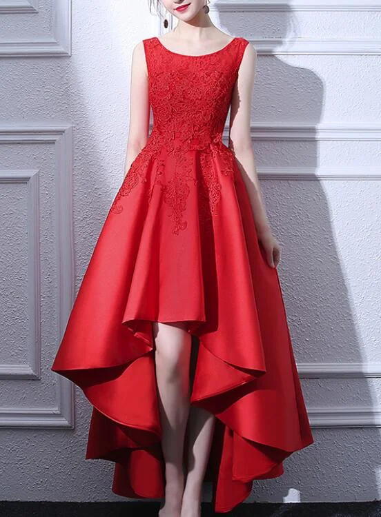 Beautiful Red Satin and Lace High Low Round Neckline Party Dress, Red Party Dress, Red Homecoming Dresses Tunics Occasion special