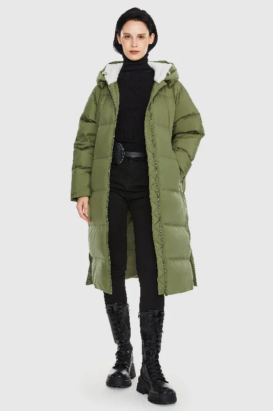Long Puffer Down Jacket with Hem Slit Boat Neck Shawl Collar Notched Collar