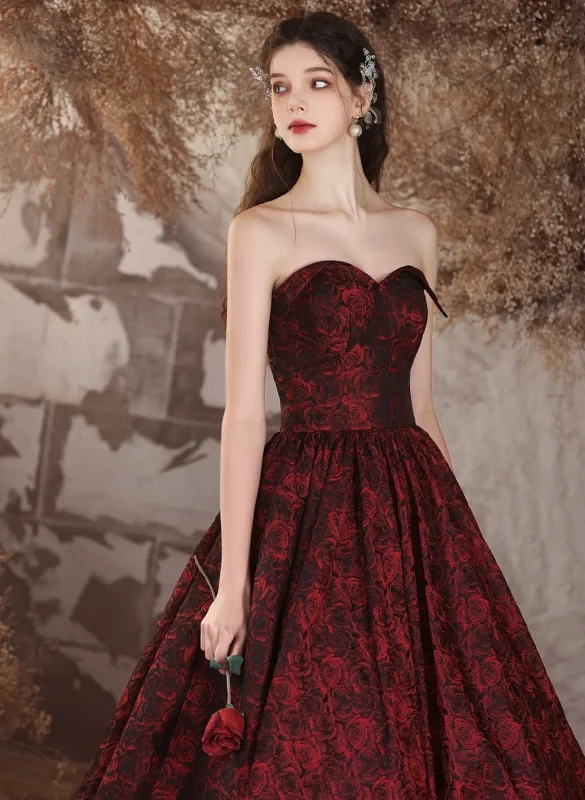 Black and Red Floral Sweetheart Floor Length Party Dress, Long Prom Dress Tunics Satin smooth