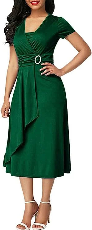 Minetom Wedding Festive Business Dresses Women's V-Neck Short Sleeve A-line Midi Dress Elegant Asymmetry High Waist Cocktail Dress Party Dress S4363015 Tunics Top rated