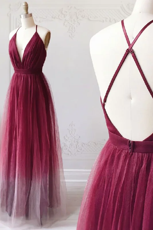 A-line Spaghetti Straps Ombre Long Tulle Prom Dresses Party Dresses DMR69 Tunics Lace romantic