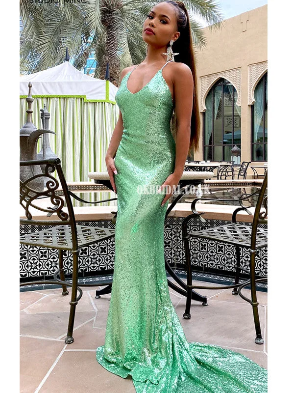 Sparkle Mermaid V-neck Sequin backless Long Prom Dresses, FC4545 Off-the-shoulder Chic Trendy