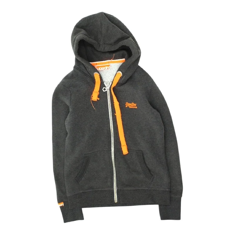 Superdry Womens Grey Full Zip Spell Out Logo Hoodie | Vintage Designer Hoody VTG Hoodie with Hem Drawcord Adjustable Customizable