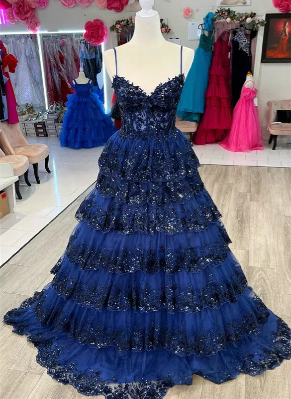 Navy Blue Tulle with Lace Applique Layers Long Prom Dress, Navy Blue Party Dress Tunics Fall fleece