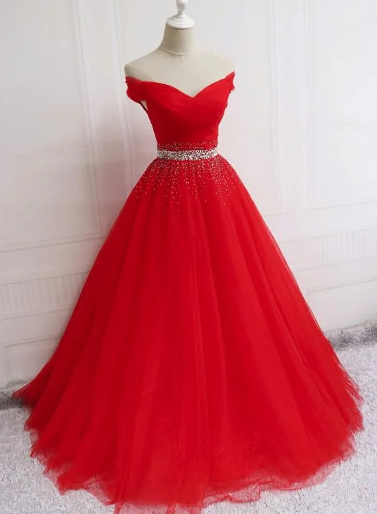Beautiful Red Party Dress, Red Tulle Prom Dress , Lovely Formal Gowns Tunics Prom sequined