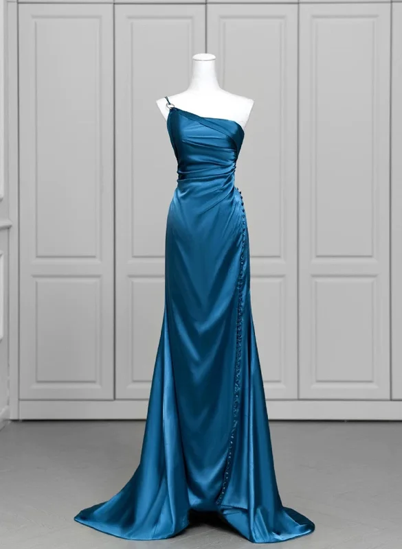 Blue Satin One Shoulder Long Party Dress with Leg Slit, Blue Satin Evening Dress Tunics Fleece cozy