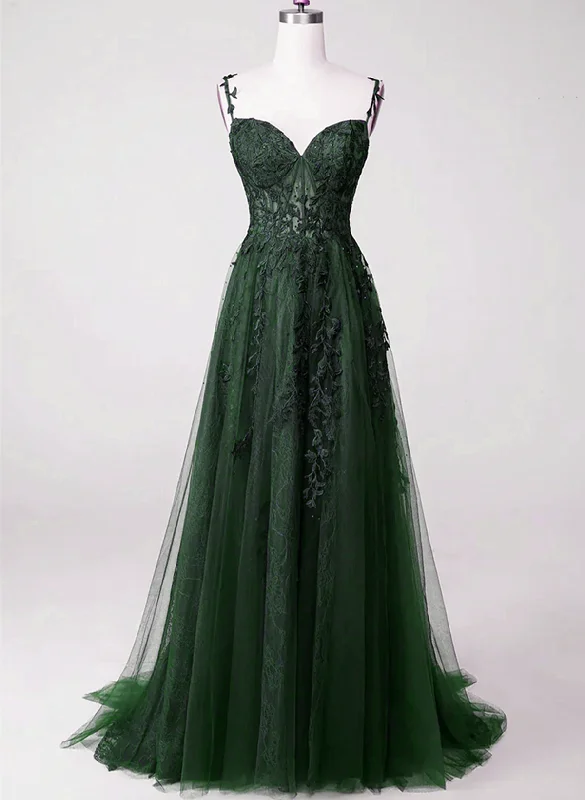 Dark Green Tulle with Lace Beaded Straps Prom Dress, Green Long Formal Dress Party Dress Tunics Fleece cozy