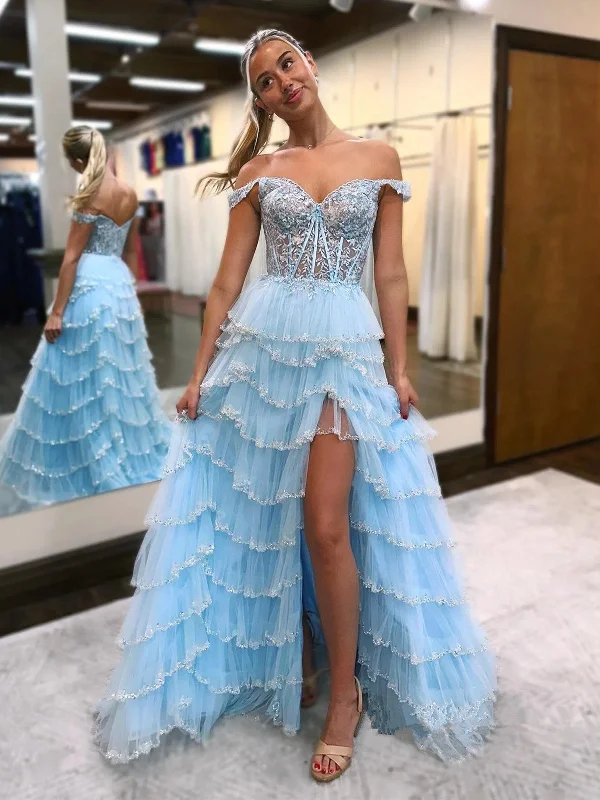 Lovely Light Blue Tulle And Lace Off Shoulder Party Dress, A-line Long Prom Dress Sequined Elegant Party