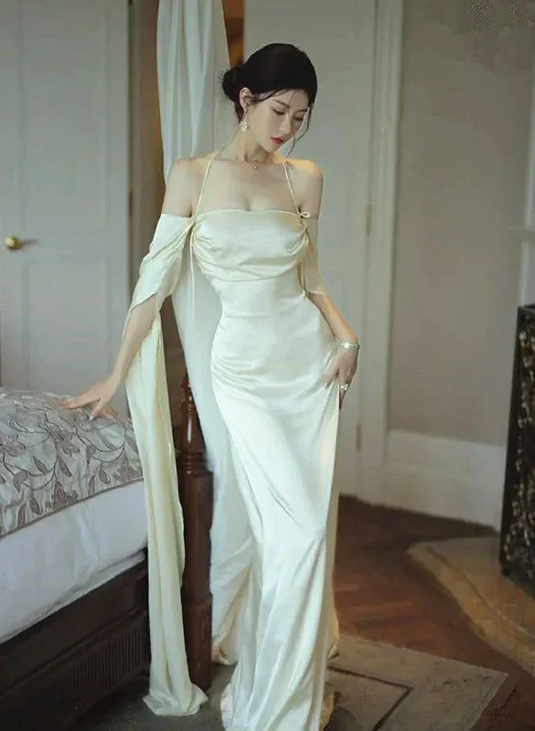 Ivory Satin Long Simple Evening Dress, Ivory Long Prom Dress Party Dress Boatneck Modish Everyday