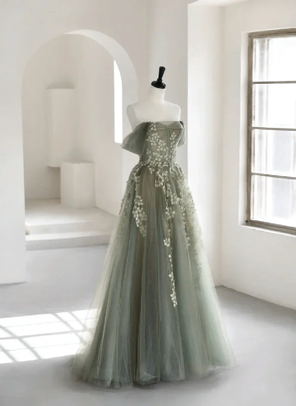 Charming Green Tulle Off Shoulder Party Dress, Green Long A-line Formal Dress Tunics Denim casual