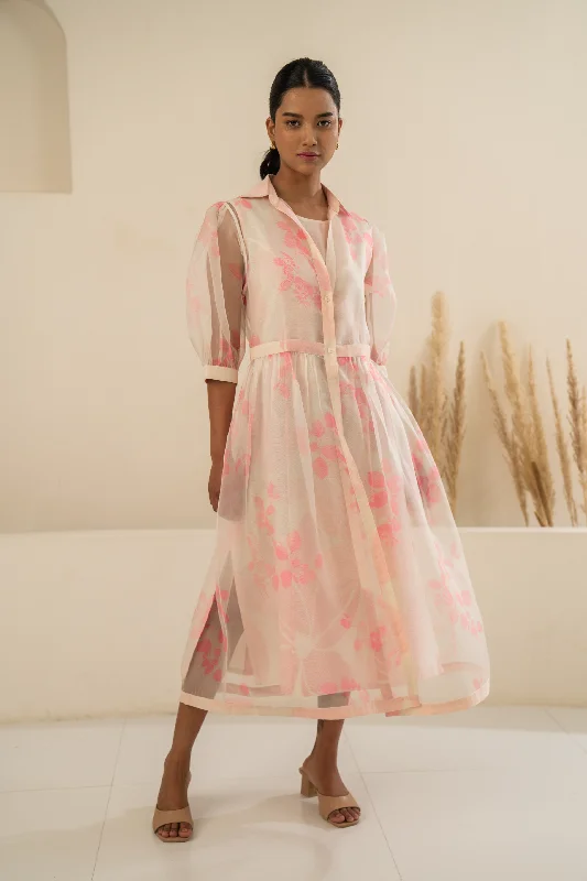 Pink Organza Petal Printed Double Layer Dress Tunics Trendy modern
