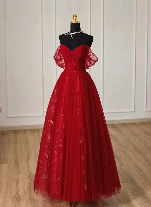 Wine Red Tulle Sweetheart Off Shoulder Prom Dress, Wine Red Long Party Dress Crew Neckline Sporty