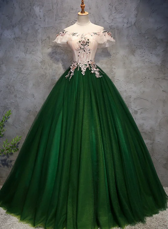 Dark Green Off Shoulder Tulle Long Party Dress, Sweet 16 Dress Sequined Elegant Party