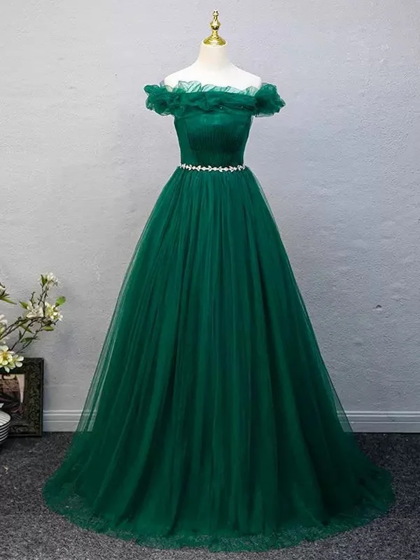 A-line Green Beaded Tulle Off Shoulder Party Dress, Green Tulle Long Formal Dress Tunics Stylish elegant