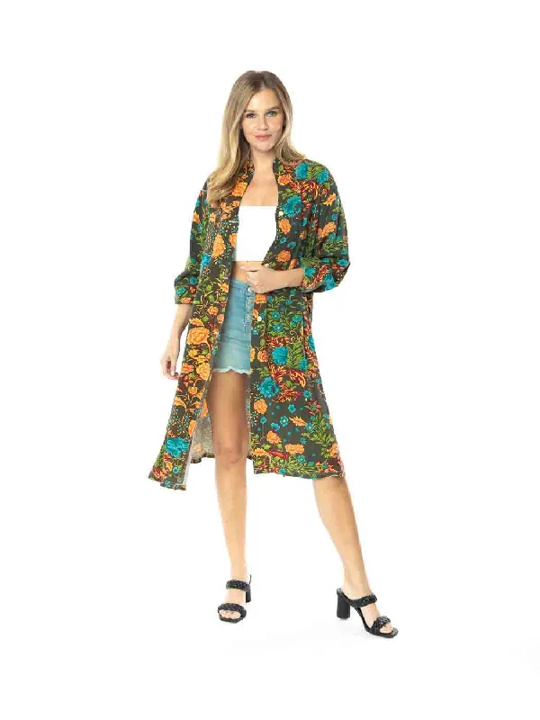 Tianello TENCEL™  "Vintage Floral" Print Long "SELENA"  Duster Jacket Tiered Jacket Buttoned Jacket Zippered Jacket
