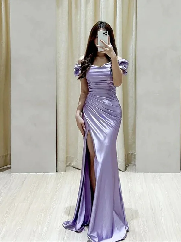 Light Purple Satin Off Shoulder Mermaid Prom Dress, Light Purple Party Dress with Leg Slit Tunics Running lightweight