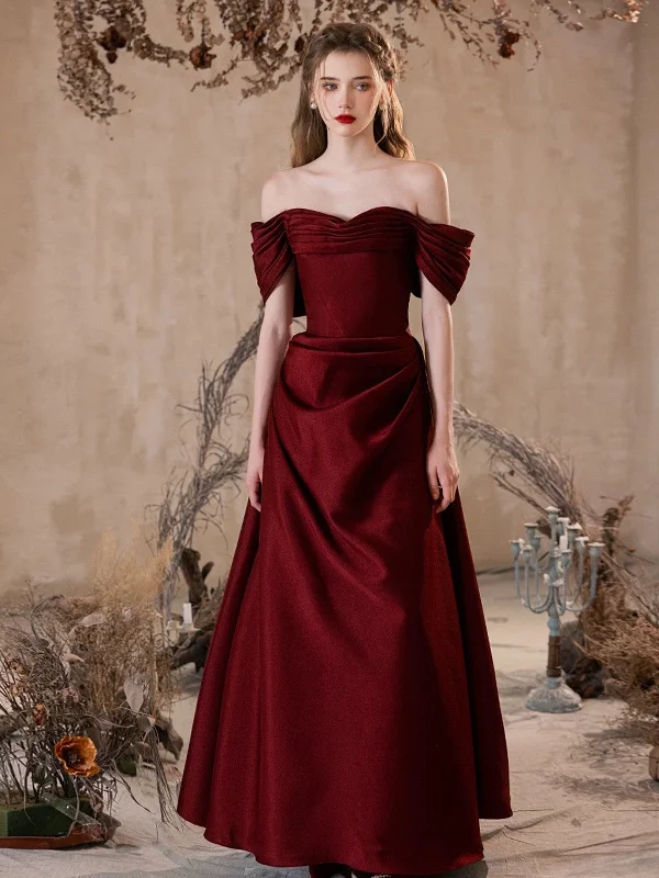 Wine Red Off Shoulder Satin A-line Long Prom Dress, Wine Red Party Dress Tunics Top rated