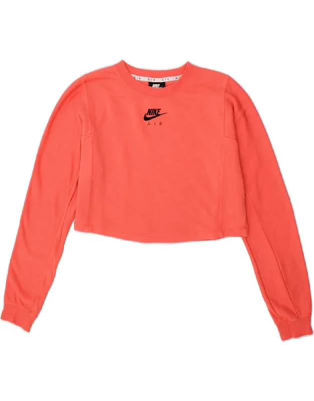 NIKE Womens Oversized Crop Graphic Sweatshirt Jumper UK 6 XS Pink Cotton Hoodie with Embroidery Detailed Premium