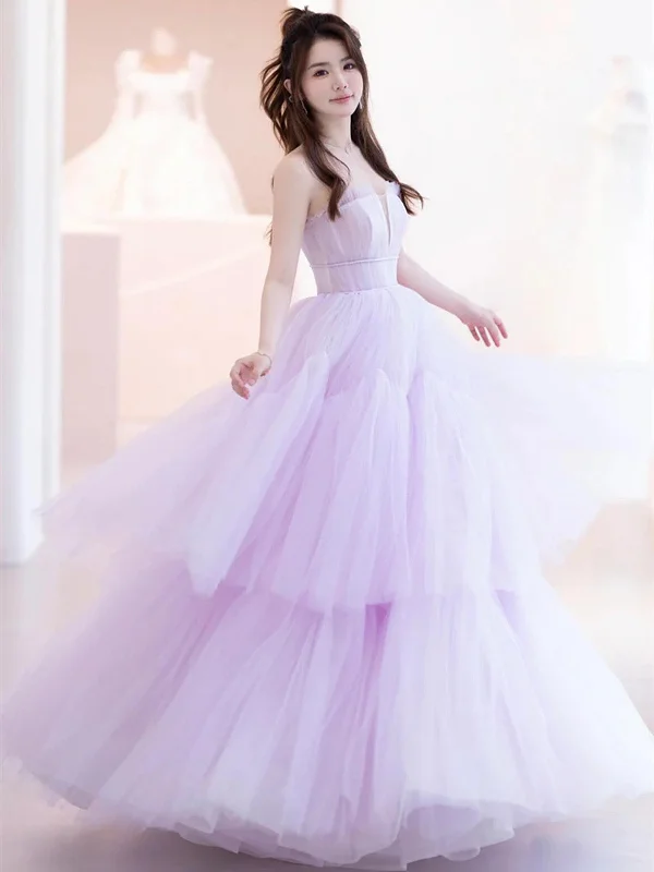 Light Purple Tulle Layers Scoop Long Party Dress, Light Purple Prom Dress Tunics Party sparkling