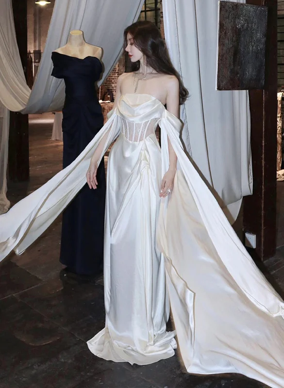 Chic White Soft Satin Wedding Party Dress Prom Dress, White Long Evening Dress Square Neckline Feminine