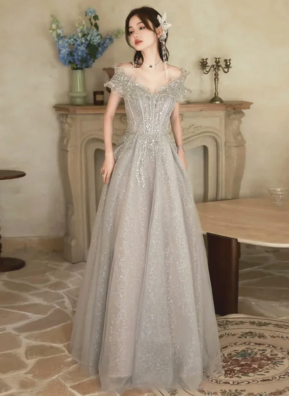 Cute A-line Light Grey Off Shoulder Shiny Tulle Prom Dress, Light Grey Party Dress Tunics Plaid country