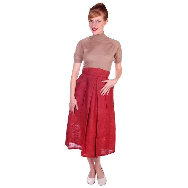 Vintage Skirt  Rosy Red Burlap Big Patch Pockets 1940s Small Guernsey mini skirt trendy