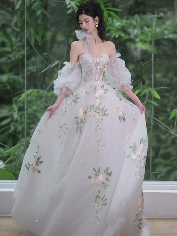 White Tulle with Lace Off Shoulder Long Formal Dress, White Long Wedding Party Dress Tunics Business professional