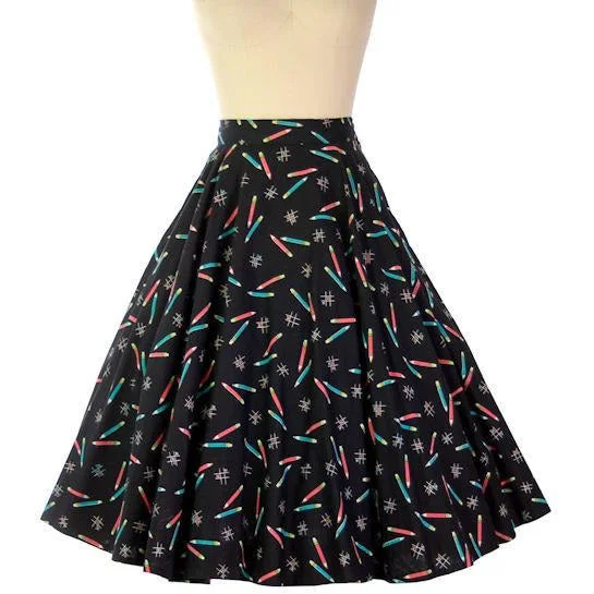 Vintage Cotton Printed Circle Skirt "Crayons" Tic Tac Toe on Black 1950s 28" Waist corduroy skirt durable