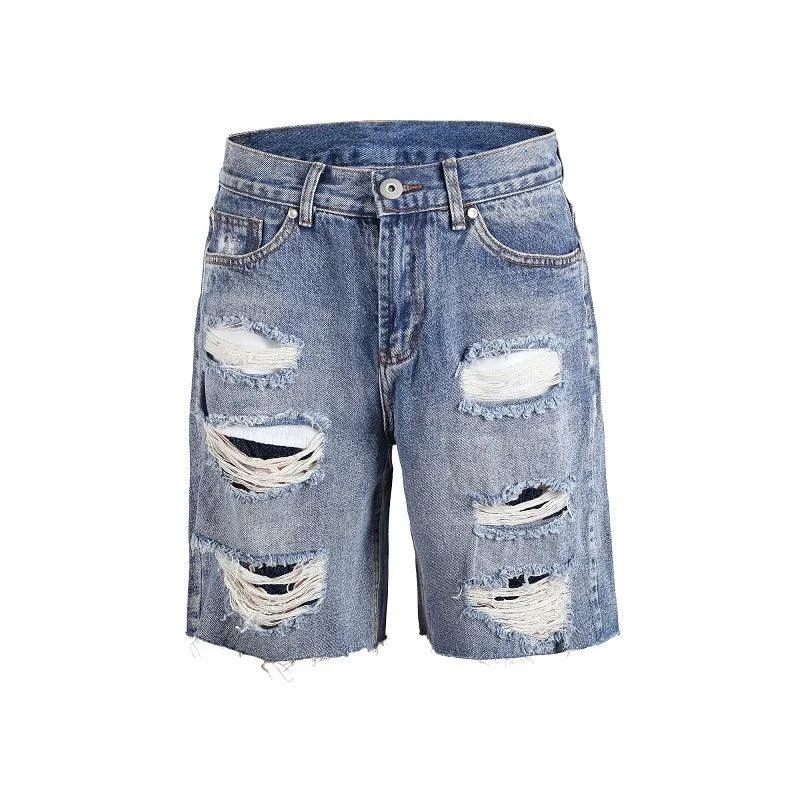Short jeans Europe and America loose hipster OS knife cut hole ridge denim shorts men and women pants casual pants Soft Sweatpants Style