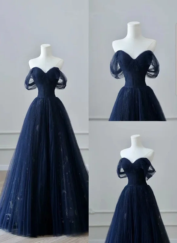 A-line Navy Blue Tulle Long Party Dress, Navy Blue Tulle Long Prom Dress Tunics Travel practical