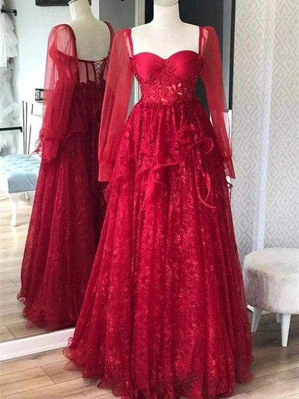 Dark Red Tulle with Lace Long Sleeves Party Dress, A-line Dark Red Prom Dress Tunics Trendy modern