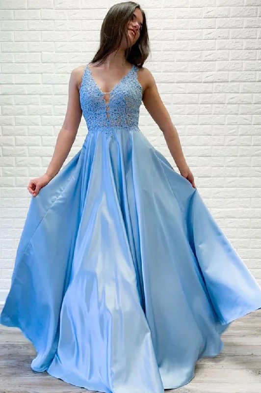 A-line V neck Lace Appliques Long Satin Prom Dresses Blue Evening Party Dresses DMR67 Tunics Polka dots