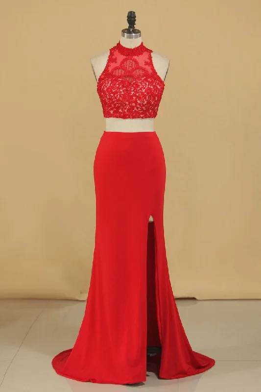 Two-Piece High Neck Spandex Prom Dresses Sheath With Beads And Applique Open Back