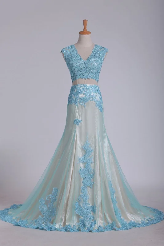V Neck Two Pieces Trumpet Tulle With Applique Prom Dresses Sweep Train
