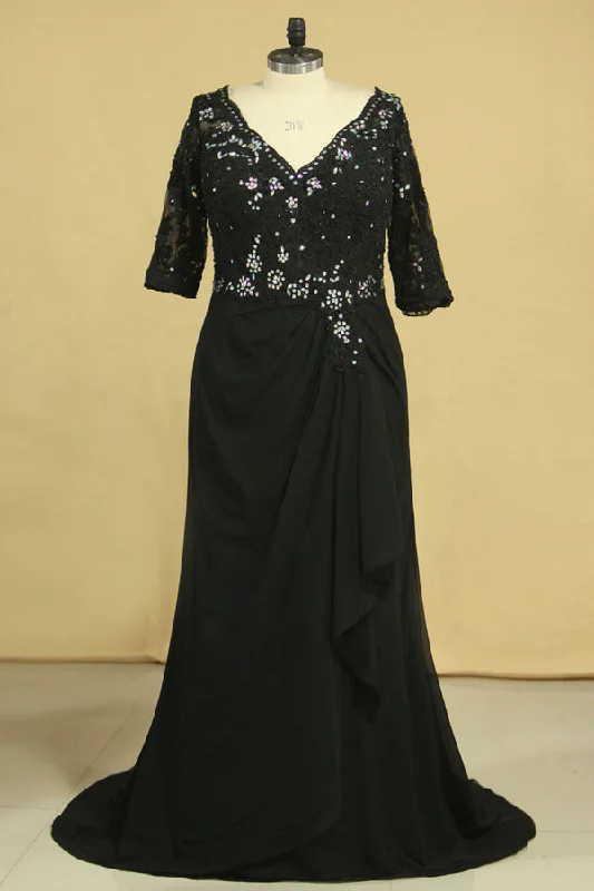 2024 Plus Size Black V Neck Mother Of The Bride Dresses With Beads And Applique P5C3DZ7E