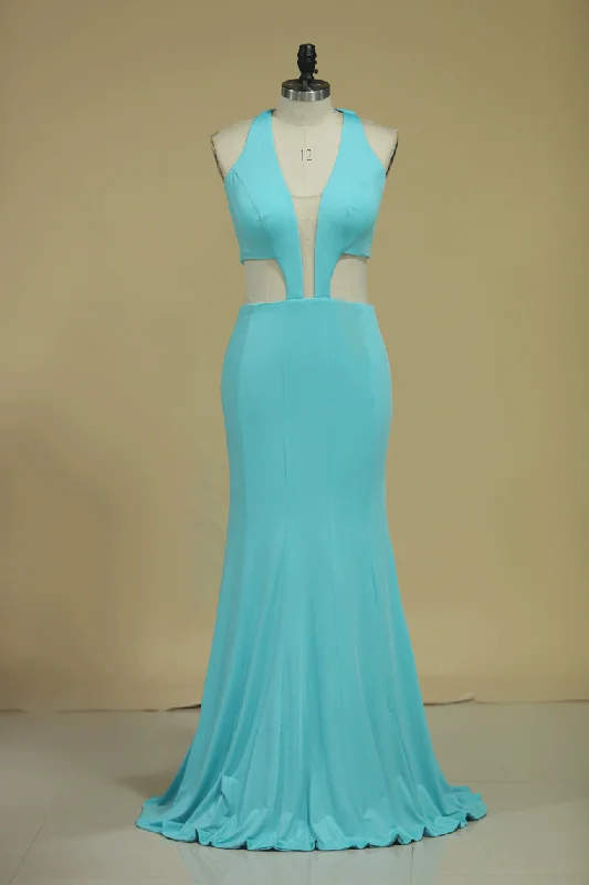 V Neck Prom Dresses Mermaid With Slit Floor Length Spandex