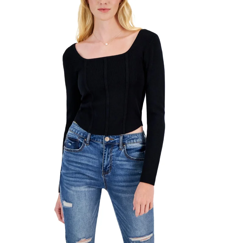 HIPPIE ROSE - Square-Neck Corset Sweater Top Herringbone Houndstooth Plaid