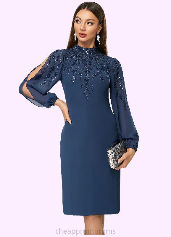 Aubree Sheath/Column High Neck Knee-Length Chiffon Cocktail Dress With Appliques Lace Sequins STIP0022408
