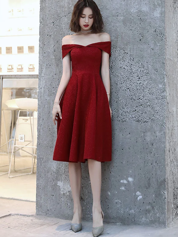 Wine Red A Line Off Shoulder Maxi Midi Evening Dress