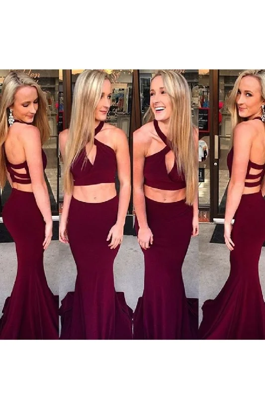 Two-Piece Halter Open Back Mermaid Spandex Sweep Train Evening Dresses