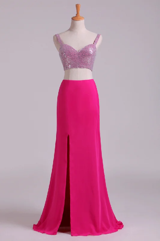 Two Pieces Prom Dresses Spaghetti Straps Sheath With Slit & Beading Chiffon