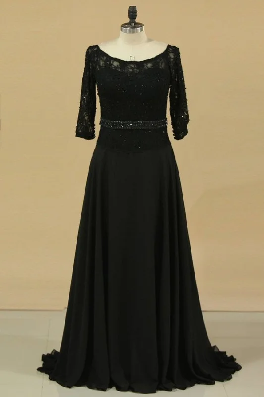 2024 Black Mother Of The Bride Dresses 3/4 Length Sleeve A Line Chiffon & Lace Sweep PPRLCCX8
