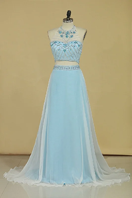 Two-Piece Halter A Line Prom Dresses With Beading And Rhinestones Bicolor Chiffon & Tulle
